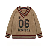 Brown V-neck Letter Print Oversize Sweater- Outfit