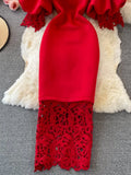 Hollow Out Lace Bodycon Long Dress Women Elegant Red/Pink/White Off Shoulder Patchwork Maxi Party Vestidos 2023 Autumn