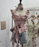 Shoot French Retro Irregular Lotus With Chest Cushions With Ribbon Sling Vest Summer Chiffon Top