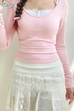 Pink Y2K Top Sweet Basic Slim Women's T-shirts Balletcore Korean Fashion Tie Up Tee Tee Shirt Outfits Chic Casual