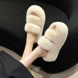 Double With Fur Thick Bottom Slippers Women Autumn And Winter Double One-Word Slope And Warm Cotton Slippers