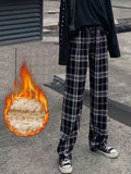 Fashion Warm Plush Pants Thick Plaid Women Casual Loose Wide Leg Trousers Korean Streetwear Straight Student Pants New