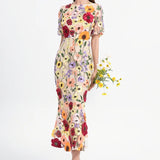 High-End Elegant Heavy Industry Flower Embroidery Round Collar Lantern Sleeves To Close The Waist Slim Slimmed Fishtail Dress