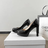New Korean Version Of Single Shoes Waterproof Table Women's Shoes Coarse Heel High Heels Round Head With Patent Leather Princess Women's