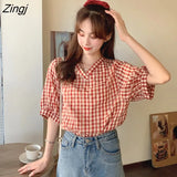 Women Ins Plaid Summer Chic Retro Design V-neck Puff Sleeve Womens Shirts All-match Lovely Trendy College Girls