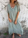 New Leisure Spring And Summer Loose Skirt Short-Sleeved V-Neck Solid Cotton