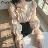 Women Square Collar Lace Lantern Sleeve Sweet Korean Style Vintage Elegant Cute Ladies Tops Streetwear Fashionable