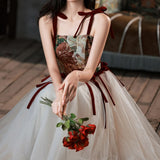Retro Niche Design Embroidered Sling Dress La Liga Women's Clothing Waist Thin Net Yarn Long