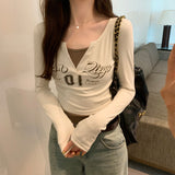 Color Splicing Fake Two Long-Sleeved T-Shirts Women's Autumn New V-Collar