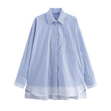 New Shirt Women's Street Fashion Casual Stripe Spliced Long-Sleeved Shirt