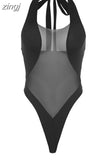 Sexy Beach Style Mesh Bodysuit Women Sleeveless Backless Patchwork See Through Body-Shaping Vacation Clubwear