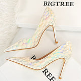 Shoes New Patent Leather Woman Pumps Metal Stone Pattern High Heels Designer Women Heels Stiletto Female Pumps Size