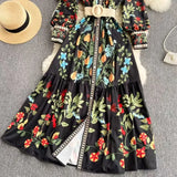 Court Style Dress With Belted Round Tie Long Sleeve Lotus Leaf Side Gasy Fairy A
