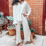 Women's 2025 Spring New Fashion Set Rolled Shirts Long Sleeves Open Pajamas Two-Sleeve