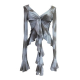 Kinking Of The Net Yarn Irregularly Kinked Lotus Lobe Slings Shoulder Horn Sleeve T-Shirt Short Top