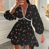 Women's Temperament Sweet Broken Flower High Waist Repair V Collar Short Long Sleeve