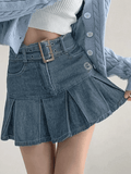 Buckle Belt Pleated Denim Mini Skirt- Outfit
