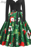 Dress Women Winter Long Sleeve V Neck Elegant Vintage Santa Claus Print Xmas Party Outfits Black Big