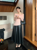 Xixi 2025 Autumn New Temperament Commute High-Waisted Half-Body Skirt PU Folding A-Skin Skirt