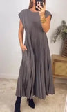 Zingj New Fall 2023 Solid Color Round Collar Sleeveless Pleated Design Loose Dress-Outfit