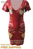 Women Elegant Dress Vintage Floral Print Ruffles Bodycon Dress for Party Cocktails Casual Mini Dress Vacation