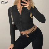Women Solid Color Close-fitting T Shirt Turn-down Collar Long Sleeve Crop Tops Blue/ Green/ Khaki/Black/White 2023
