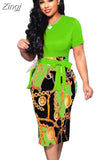 Women Elegant Office Midi Dresses Ladies Bodycon Print Short Sleeve Belt O-Neck Female Fashion Sexy Work Summer Pencil