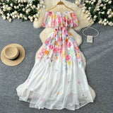 Shoulder Lotus Leaf Side Waist Print Chiffon Dress Women 2025 Spring New Holiday Temperament