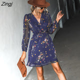 PETAL Black Floral Chiffon A-Line Mini Dress Woman Sexy V-neck Long Sleeve Party Dress 2023 Spring Autumn Female