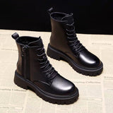Black Mid-Clinic Martin Boots Women 2025 Autumn And Winter New Tying With Korean Version Of The Locomotive Short Boots Round Head Leisure Single