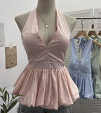 Retro Hanging Neck Tie With Bare Back Sling Skirt Folded Short Sleeveless Top Woman