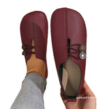 Button Soft Leather Hollow Flat Single Shoes Women's Round Head Shallow Mouth Big Lazy Happy
