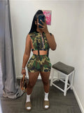 Camouflage Print Sexy Sleeveless Vest Crop Top + Shorts Skinny Club Party Two Piece Set Summer Casual Women