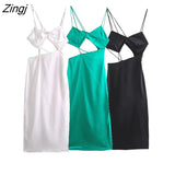 New Women Sexy Asymmetrical Soft Satin Sling Dress Female Chic High Street Side Zipper Hollow Out Party Vestidos