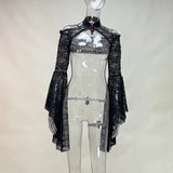 Dark Wind New Horn Sleeve Collar Lace Splicing Open Shoulder Temperament Leisure All Kinds Of