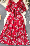 Women Floral Dress Vintage Red/Blue/Pink/White Sexy V-Neck Short Flare Sleeve High Waist Elegant A-Line Vestidos 2023