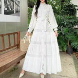 Gentle Style Dress Spring Dress Design Hollow Lace Splicing Bubble Sleeve Dress Holiday
