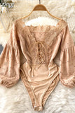 Women Sexy Hollow Out Lace Playsuits Khaki V-Neck Bandage Romper Elegant Puff Long Sleeve High Waist Embroidered Jumpsuits