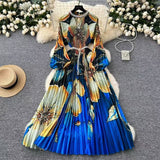Elegant Dress Women Fashion Nail Ball Collar Hollow Pressure Folding Lantern Sleeves To Print Long