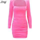 2021 Spring Pink Turtleneck Hollow Out Slim Dress Women Velvet Long Sleeve Shoulder Pad Dress Elegant Ruched