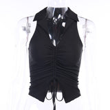 Deep V-Neck Sexy Sleeveless Tank Top Women Summer Crop Tops Ruched Drawstring Black Fashion Skinny Elastic
