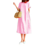 New Leisure Spring And Summer Loose Skirt Short Sleeve Round Neck Solid Cotton Linen