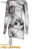 Women Criss Cross Cutout Mini Dress Aesthetic Printed Long Sleeve Bodycon Ruched Short Dress Sexy Drawstring Club