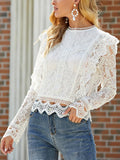 Blouse Women long sleeve White Hollow Out Shirt Ladies Elegant Long Sleeve Zipper tops Office Lady Fashion Blusas