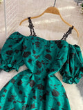 Vintage Slash Neck Off Shoulder Printed Dress Elegant Puff Short Sleeve High Waist A-Line Spaghetti Strap Vestidos