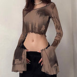 Zingj Slim Mesh Print Sleeve Horn Long Sleeve Perspective Crop Fashion Women's