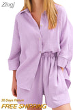 Women's 2 Piece Casual Outfits Loungewear Set Loose Comfy Long Sleeve Button Down Shirt + Elastic Waist Mini Shorts