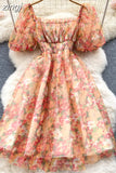 Square Collar Mesh Chiffon Mini Dress Women Floral Short Puff Sleeve High Waist A-Line Vestidos Female Beach New
