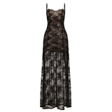 Sexy Lace Splicing Chest-Shaped Folding Sling Dress With Hottie Open Fork Mesh