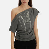 New Slanted Shoulder Pure Hottie Gray T-Shirt Girl Loose Heavy Metal Decorative
